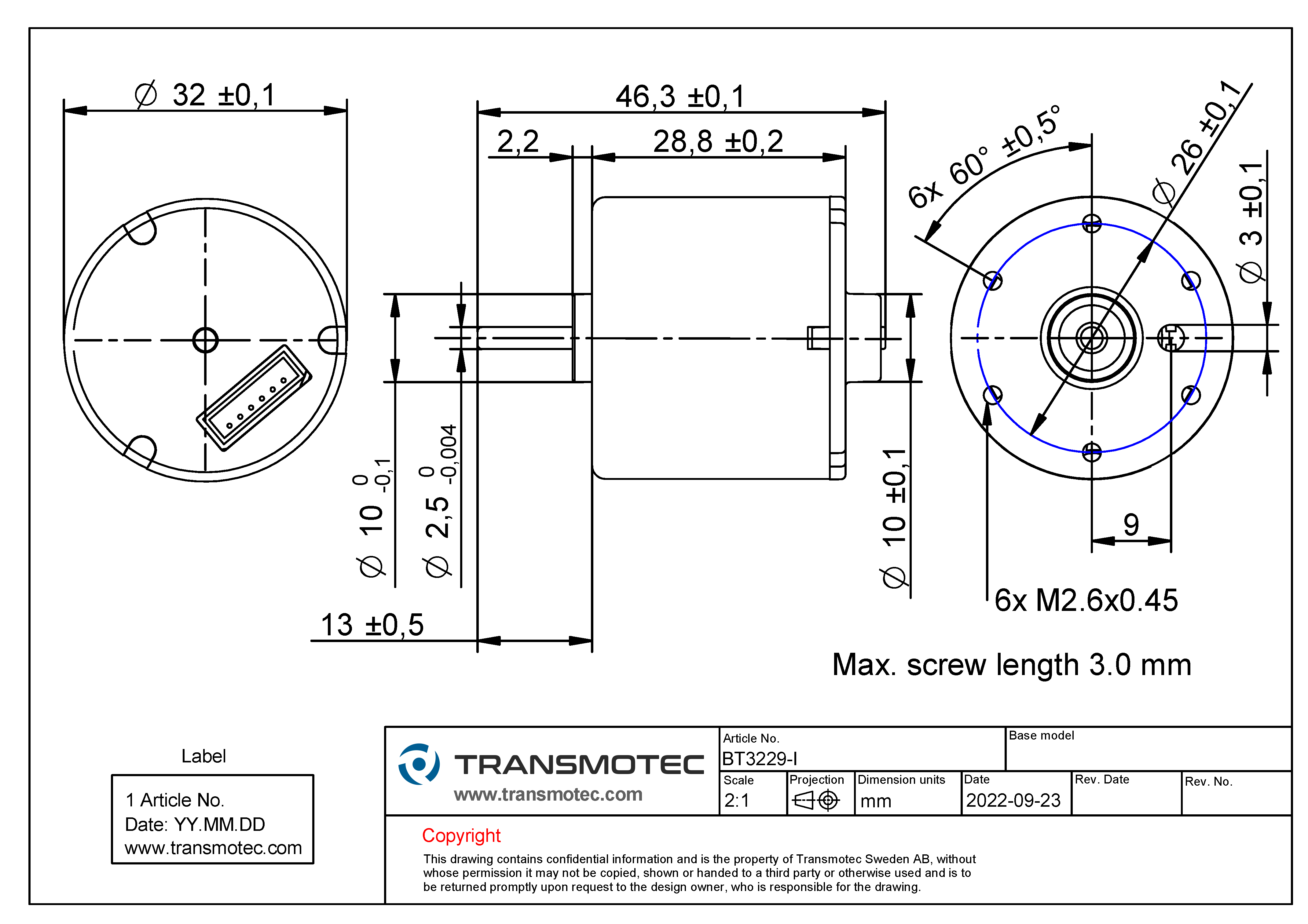 Borstlös DC motor, BLDC motor, 24VDC 0,3A 4800rpm 4,3W - Transmotec
